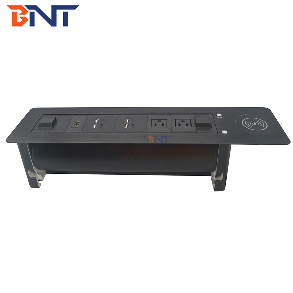 Black Aluminum Flush Mount Office Table with Replaceable Desk Sockets and Wireless Charger Top-Table Socket Type