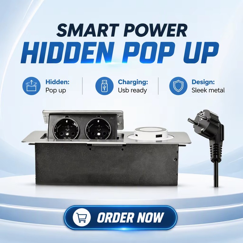 Tabletop Electrical Power Socket Hidden Design Wireless Charging 2 Outlets 1 USB-A 1 USB-C Ports 16A Office Furniture