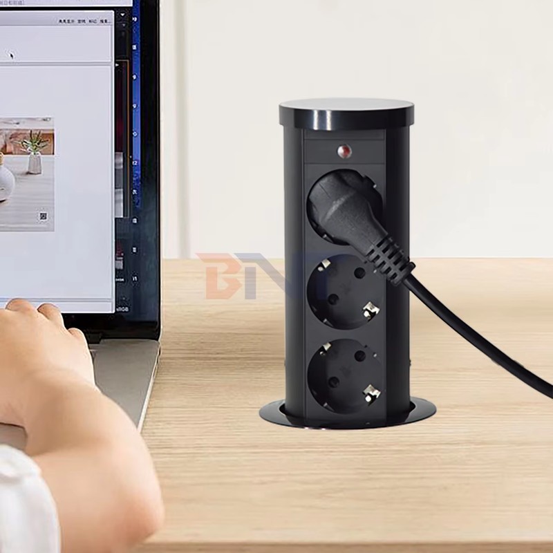 EU Plug Type 3-Outlet Pneumatic Power Socket IP44 Standard Aluminum Alloy Lifting Outlet for Hidden Kitchen Use detail image 9