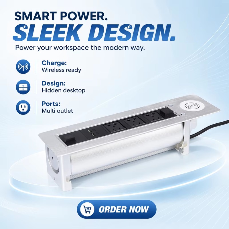 Wireless Phone Charger Brushed Aluminum Hidden Built-In Office Meeting Desk Table Flip up Power Sockets
